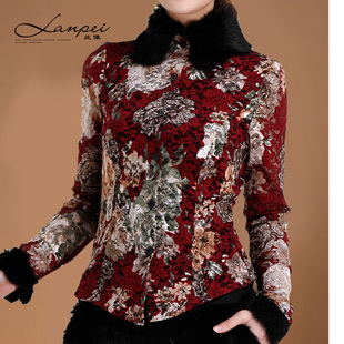  秋冬新款 修身大码加厚加绒 真毛领长袖蕾丝打底衫 女