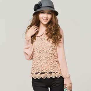 拼接蕾丝雪纺衫上衣...