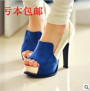  春季新款英伦风高跟鞋 拼接鱼嘴女鞋粗跟防水台闪亮撞色单鞋