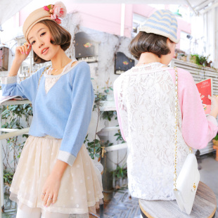  小维原创女装 韩版春装T恤上衣镂空蕾丝拼接圆领七分袖宽松t恤女