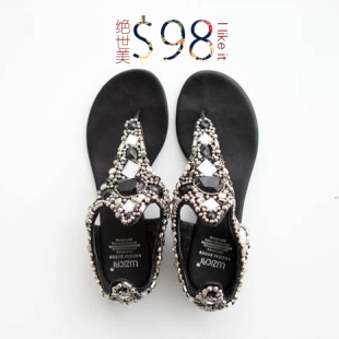  个性复古夹脚凉鞋夹趾水钻串珠平跟舒适休闲女鞋拖罗马民族风