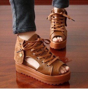  潮新款 欧美复古松糕鞋内增高厚底鱼嘴鞋英伦风女鞋 女凉鞋