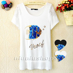  J 夏季新款韩版圆领女装亮片刺绣鱼修身蕾丝纱网拼接短袖T恤