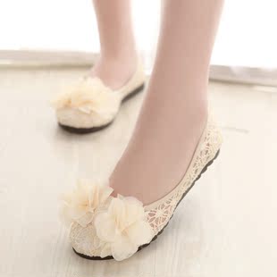  新款花朵甜美公主鞋女蕾丝网状镂空平跟鞋浅口圆头低帮平底女鞋