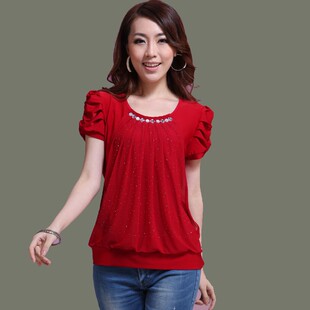  一衣阁大码女装新款女士夏装显瘦泡泡袖上衣蕾丝拼接短袖T恤1618