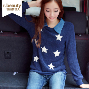  r.beauty秋冬新品女装假两件翻领打底衫长袖百搭毛绒针织衫13992