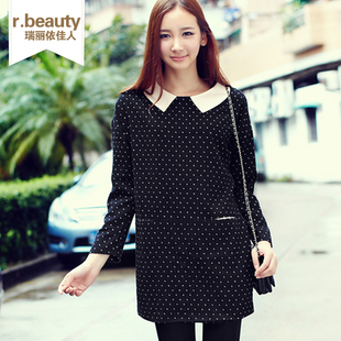  r.beauty秋冬新品女装宽松大码娃娃领波点长袖毛呢连衣裙子70208
