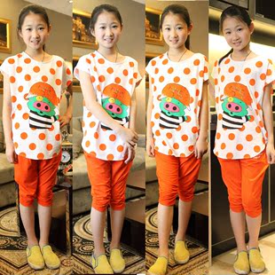  童装 女童套装 中大童两件套 儿童短袖T恤+七分裤 新款夏装