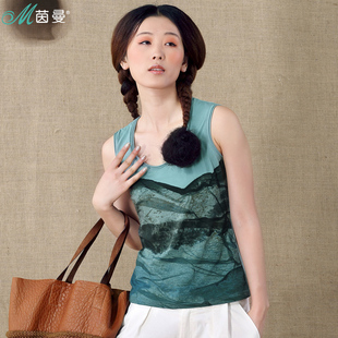  茵曼 夏装新款水墨印染圆领小背心 女吊带 打底夏A8320300735