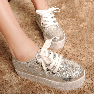  潮春季新款韩版亮片厚底松糕鞋女鞋子系带单鞋欧美女休闲鞋子