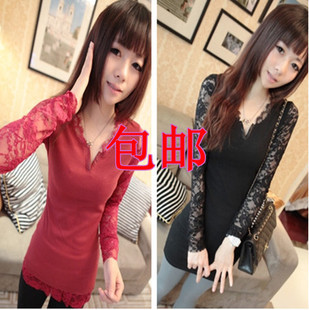  春装新款韩版女装长袖打底衫蕾丝拼接修身显瘦v领t恤 女长袖