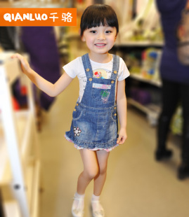  童装新款韩版女童牛仔背带裙绣花小童牛仔裙夏装儿童连衣裙子