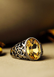  满包邮 复古夸张黄色水晶戒指 指圈 镂空银色指环 女 韩国饰品