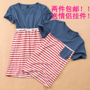  13韩版夏装大码男装条纹t恤拼接蕾丝女裙短袖情侣装拍婚纱照班服