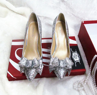  新款银色亮片婚鞋蝴蝶结公主亮片 尖头金色银色女高跟鞋婚鞋
