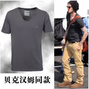  个性鸡心领T恤 男士纯色V领短袖男装 加大码春款打底衫欧美风半袖