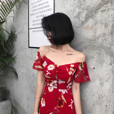 ALOHA STUDIO 露合制衣 夏季女款复古两穿红花长裙连衣裙荷叶摆