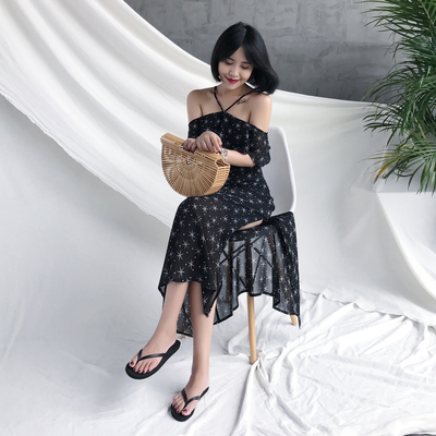 ALOHA STUDIO 露合制衣女夏三色显瘦露肩度假印花雪纺长裙连衣裙