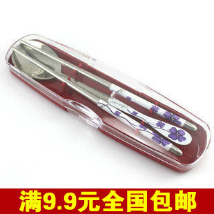 韩国热销~餐具便携盒装半花圆筷子、勺子套装环保特价2件套包邮