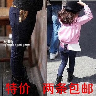  童装女童春秋款亮片仿牛仔弹力打底裤儿童小脚铅笔裤靴裤子