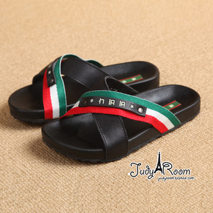  M27  交叉带经典红绿撞色条纹舒适黑色儿童休闲拖鞋沙滩鞋童鞋
