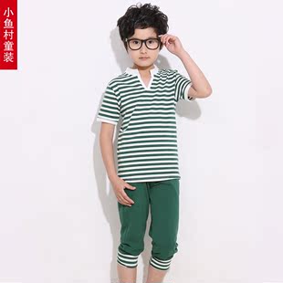  纯棉 男童条纹套装 儿童短袖运动T恤 休闲运动两件套