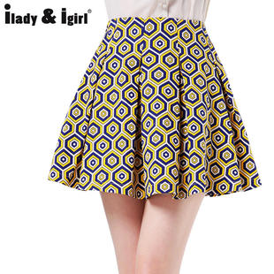  夏季新款百搭半身裙 高腰纯棉蓬蓬短裙女 印花百褶品质小裙子