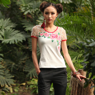  裂帛正品 夏装新款 蕾丝拼接 修身 短袖针织T恤 女32130006春色