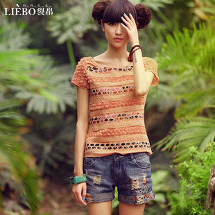  裂帛正品 夏装新款 拼接 蕾丝花边 短袖T恤女31130024弄蜜