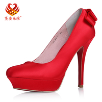 蕾丝新娘鞋包邮冬季婚鞋红色高跟鞋女粗跟防水