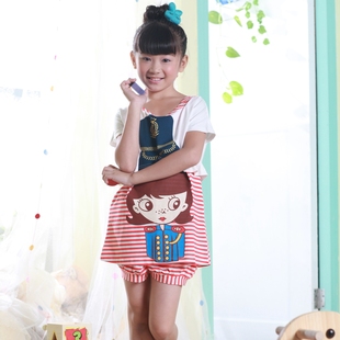  情牵一线童装 夏季新款儿童睡衣 莫代尔女童睡衣三件套家居服