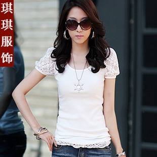  爆款 热卖夏装新款女装韩版 泡泡袖蕾丝袖拼接修身短袖女T恤