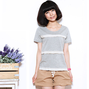  特价包邮 短袖t恤女韩版修身夏装新品蕾丝拼接圆领纯色打底衫