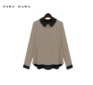  ZARA KARA女装新款春装 雪纺娃娃领衬衫 韩版女长袖 宽松衬衣