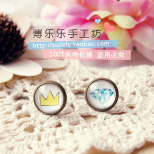  黄冠＆钻石 复古DIY时光宝石耳钉 耳夹