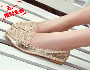  新款平底单鞋船鞋金色银色水晶串珠尖头时尚欧美英伦女鞋