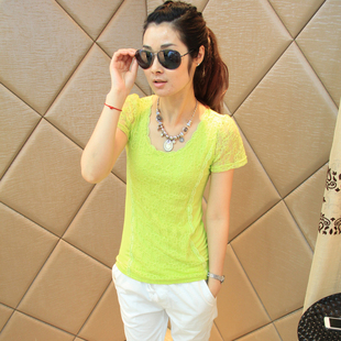  春夏新款韩版女装 时尚简约圆领蕾丝拼接短袖t恤 打底衫 女潮