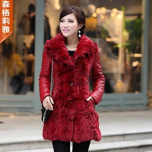  秋冬韩版修身女装中长款PU皮棉衣皮草外套超奢华兔大毛领