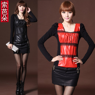  春装新款女方领钉珠上衣 PU皮网纱衫 蕾丝衫 雪纺衫打底衫