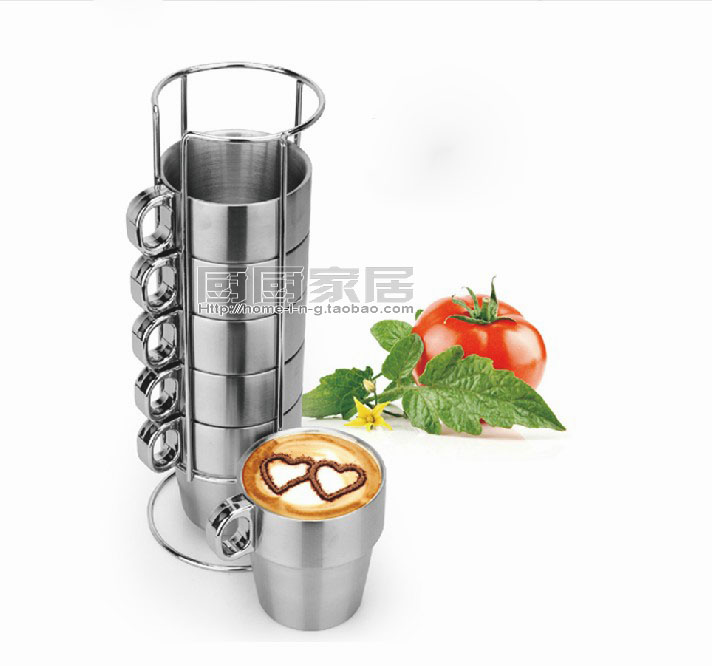促销-双层不锈钢水杯/不锈钢茶杯/咖啡杯七件套杯配杯架HKF-14B|ruв категории посуда, кофе, кофе - от Buy2taobao.com для оказания профессиональной услуги покупки агента Taobao