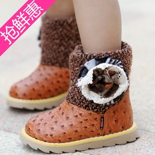  冬季韩版毛线绢花儿童雪地靴女童牛筋底童鞋防水保暖儿童靴子