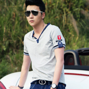  新款 男士短袖t恤 夏装纯棉韩版潮半袖打底衫修身V领体恤上衣