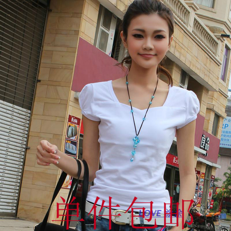 2013夏装新品韩版白色T血短袖泡泡袖独特领型修身瑞丽休闲t恤女t