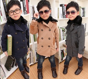  冬款双排扣呢大衣风衣男童夹棉加厚外贸童装外套儿童呢大衣