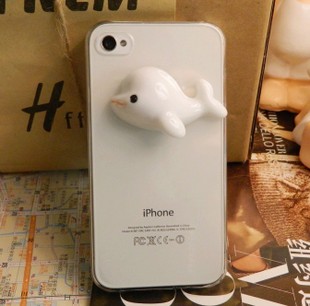 K90 创意iphone4手机壳 可爱小白鲸立体海豚 苹果5手机保护壳/套