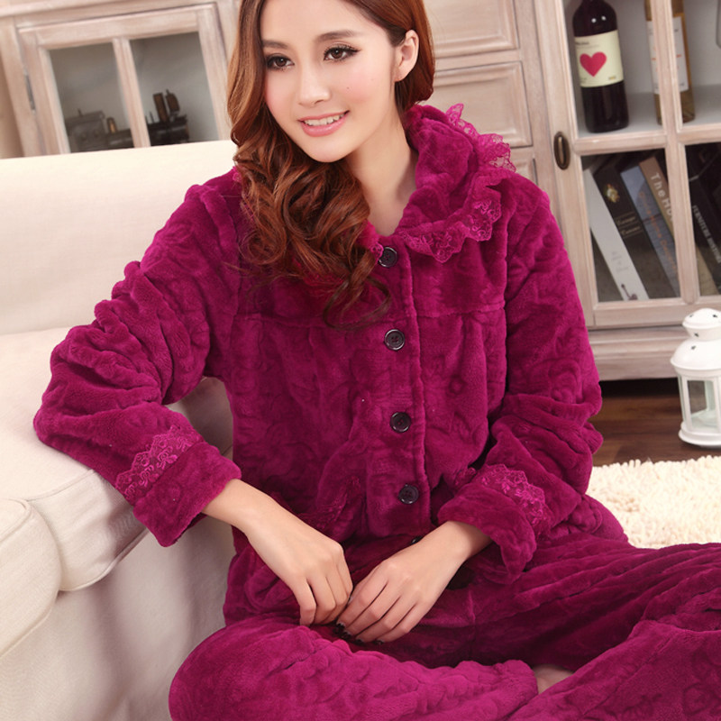 秋冬季女士珊瑚绒睡衣居家服加厚法兰绒睡衣女式套装家居服加大码