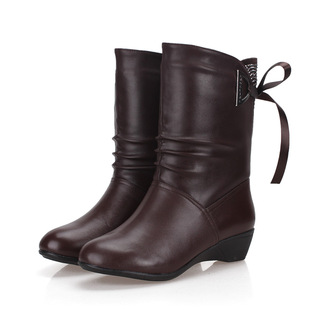  丽宁洁儿靴子女中跟 冬季新款加厚绒毛里水钻流苏坡跟靴