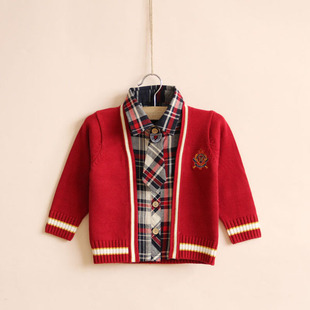  韩国童装 春新款 男童假两件领带长袖针织开衫 儿童宝宝毛衣