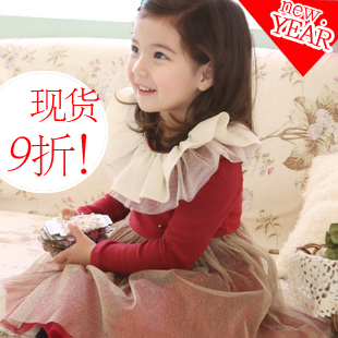  现货9折!韩国童装女童 钉珠新年装大荷叶领加绒儿童公主连衣裙H29