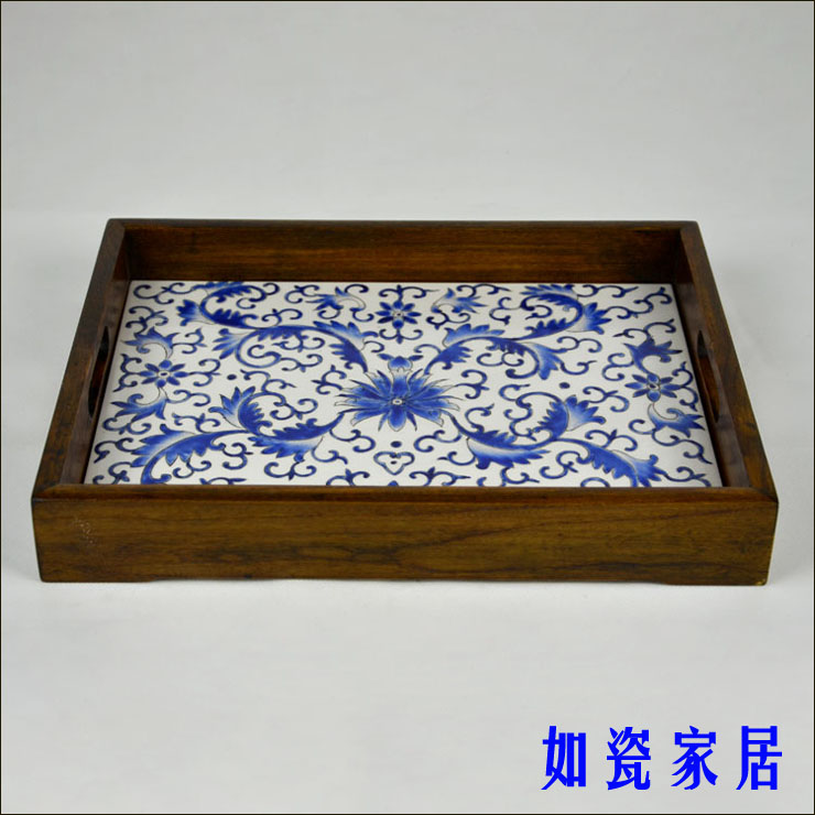 青花瓷玻璃杯茶盘木托盘长方创意手绘陶瓷水杯办公托盘长方形实木|msdalam kategori pinggan mangkuk, set teh, dulang teh - dari Buy2taobao.com untuk memberikan perkhidmatan ejen Taobao profesional membeli